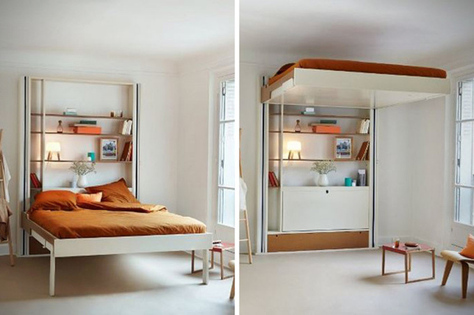Mẫu giường lấy cảm hứng từ thang máy có thể nâng lên hạ xuống dễ dàng.