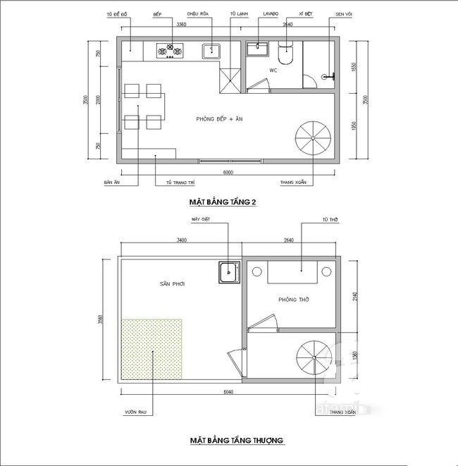 mặt bằng tầng 2 và sân thượng nhà ống một trệt, hai lầu