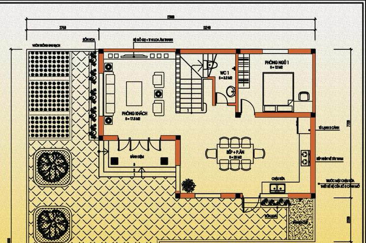 Mặt bằng tầng 1 biệt thự 2 tầng mái Thái