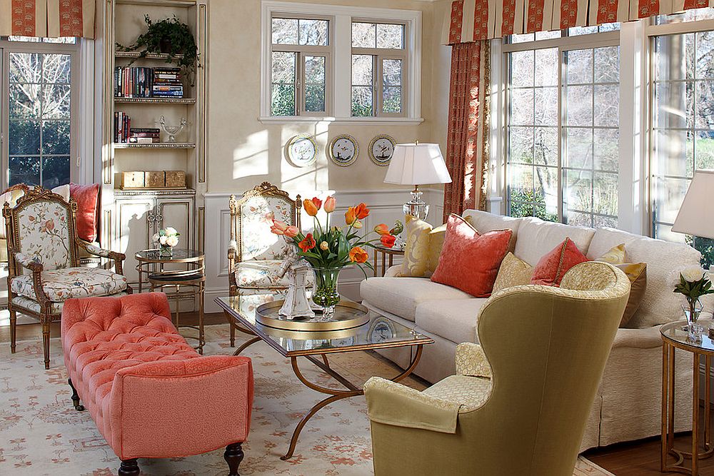 trang trí phòng khách với tông màu cam san hô