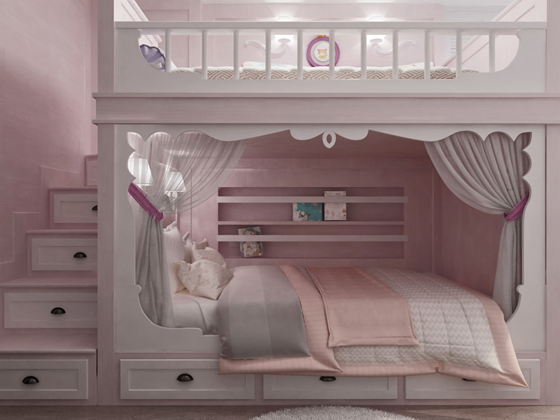 giường ngủ 2 tầng màu hồng cho bé gái