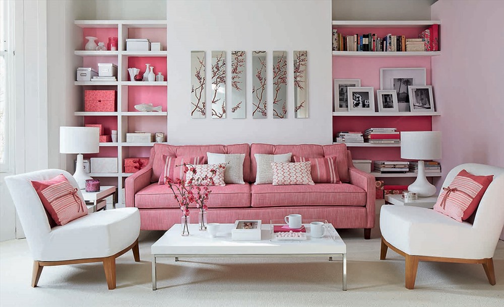 phòng khách màu hồng nhẹ nhàng