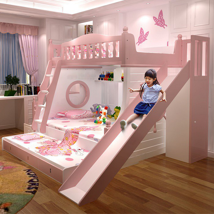 giường tầng màu hồng cho bé