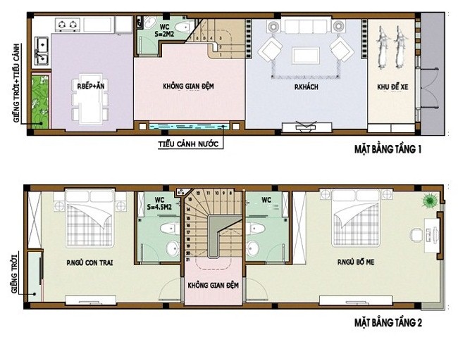 Thiết kế nhà ống 2 tầng mái lệch 3 phòng ngủ ở Đồng Nai M195