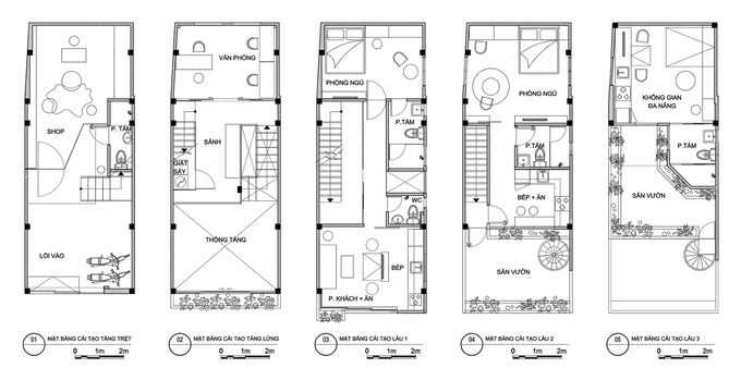 mặt bằng nội thất các tầng trong nhà phố Sài Gòn