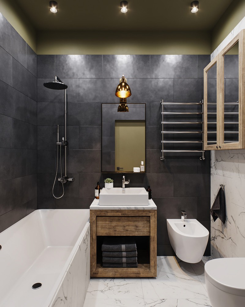 Hình ảnh phòng tắm căn hộ hiện đại với bồn tắm bằng sứ, sàn lát đá cẩm thạch, tường ốp gạch đen xám