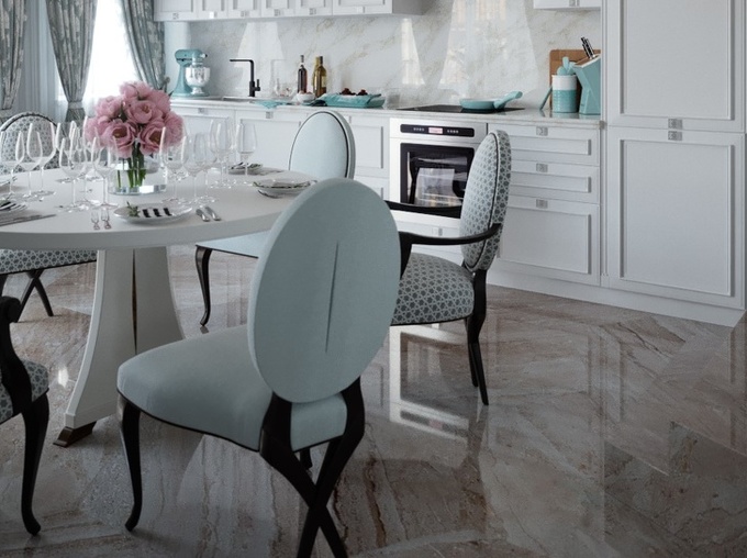 Hình ảnh khu bếp ăn màu trắng sang trọng với sàn lát đá, bàn ăn hình tròn, lọ hoa hồng trang trí