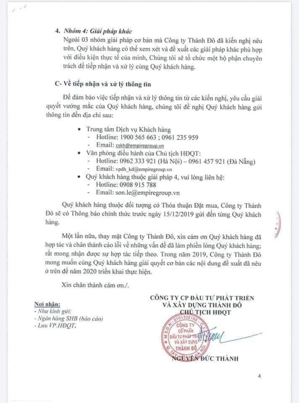 Văn bản thông báo của Công ty Thành Đô về việc thay đổi lợi nhuận cam kết tại dự án Cocobay Đà Nẵng.