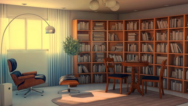 Hình ảnh phối cảnh mẫu phòng đọc sách với kệ gỗ cao rộng, đèn sàn độc đáo, khung cửa sổ kính thoáng sáng