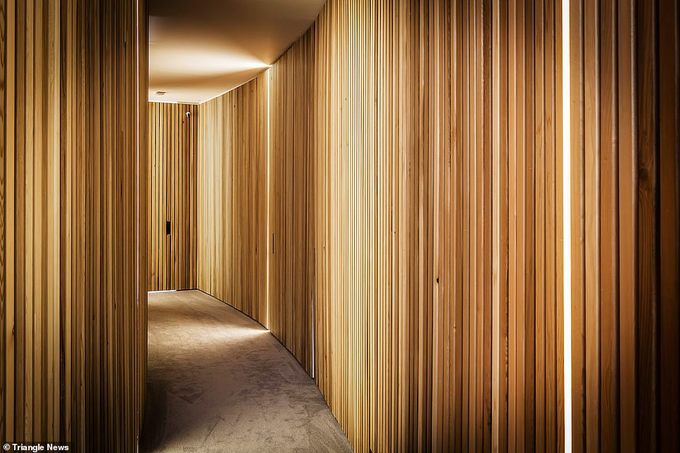 Hình ảnh hành lang ốp gỗ ấn tượng, kết hợp đèn LED trang trí