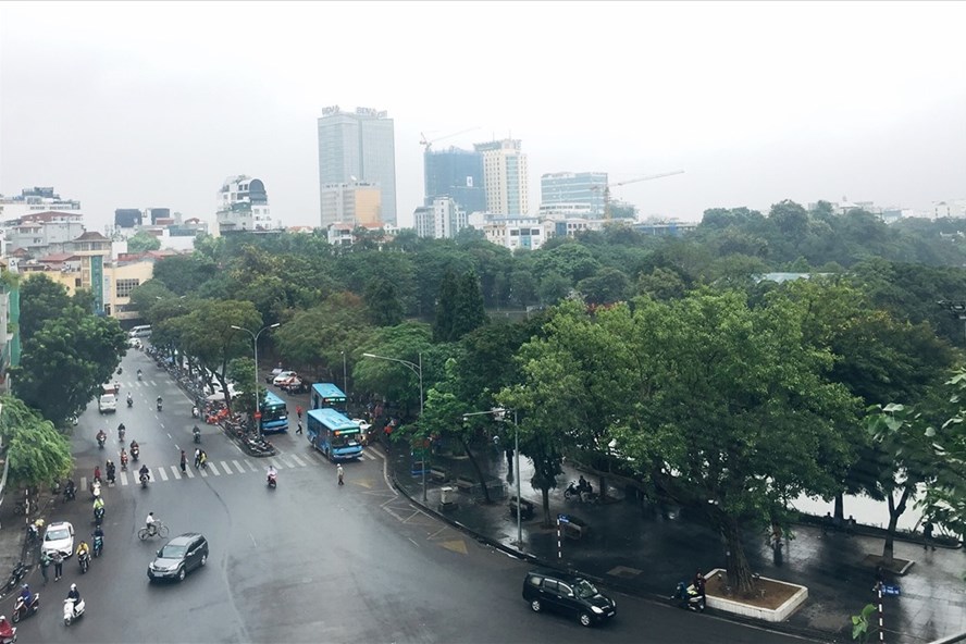 Hình ảnh một đoạn đường ở Hà Nội với  nhiều xe cộ qua lại, hai bên trồng cây xanh