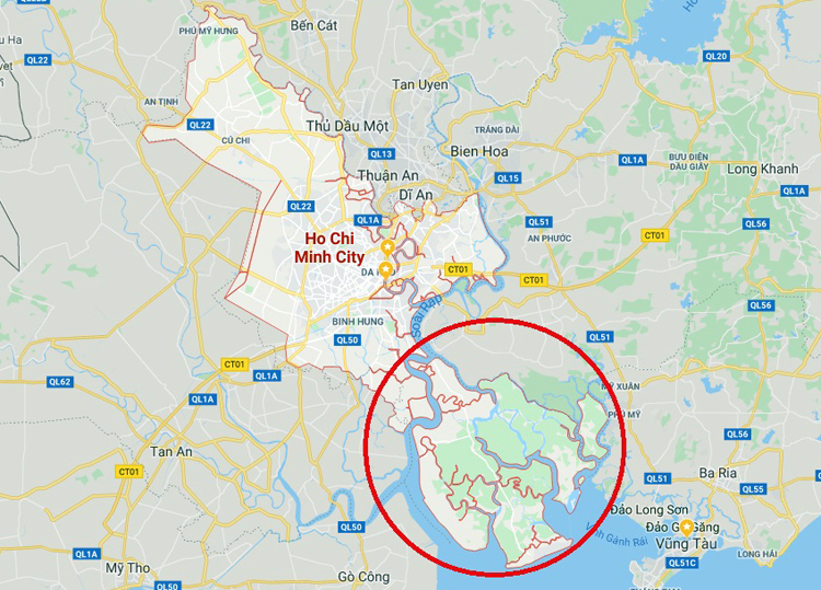 Hình ảnh huyện Cần Giờ được khoanh tròn màu đỏ trên bản đồ 
