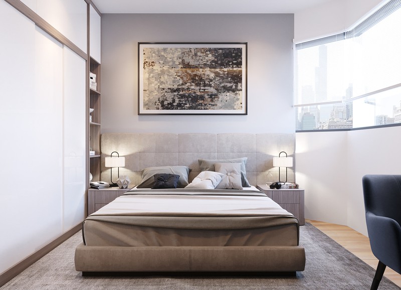 Hình ảnh phòng ngủ nhỏ hẹp với giường nệm màu trung tính, tranh tường trừu tượng, cửa sổ kính, tủ quần áo âm tường