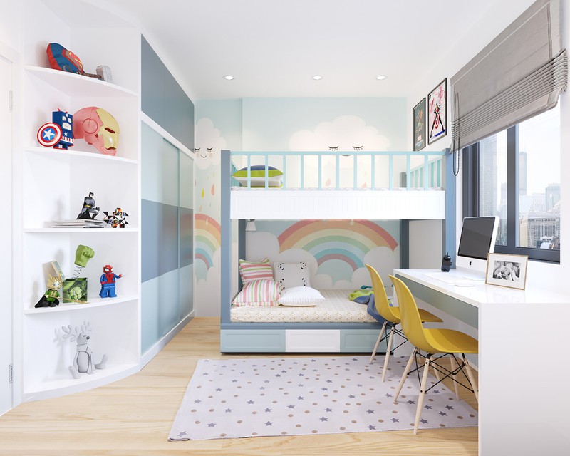 Hình ảnh phòng ngủ với gam màu xanh dương, trắng, xanh lá nhẹ nhàng, giường tầng, bàn học cạnh cửa sổ, giá kệ để đồ chơi