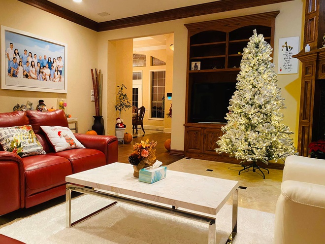 Hình ảnh phòng khách biệt thự của Hồng Ngọc với sofa màu đỏ, bàn trà đá cẩm thạch đặt trên thảm lông màu trắng, cạnh đó là cây thông Noel, ảnh gia đình