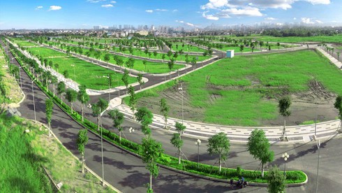 Hình ảnh một khu đất nền phân lô với đường sá quy hoạch bài bản, trồng cây xanh hai bên, thảm cỏ xanh mướt