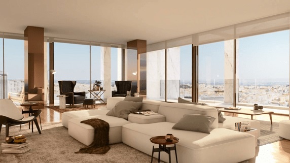 Không gian tiếp khách trong căn hộ xa xỉ của Ronaldo được bao quanh bởi những bức tường kính, sofa màu trắng êm ái, ghế ngồi thư giãn