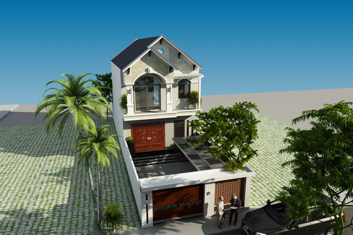 Hình ảnh phối cảnh 3D mẫu nhà ống 2 tầng hai phòng ngủ với sân vườn rộng rãi, cây xanh bao quanh