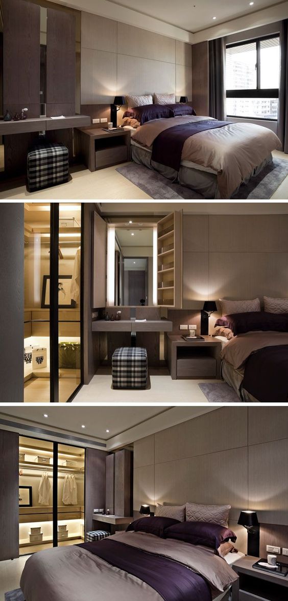 Hình ảnh phòng ngủ với ga gối màu tím oải hương, tủ lưu trữ bằng gỗ sáng màu, tủ quần áo cửa kính sang trọng