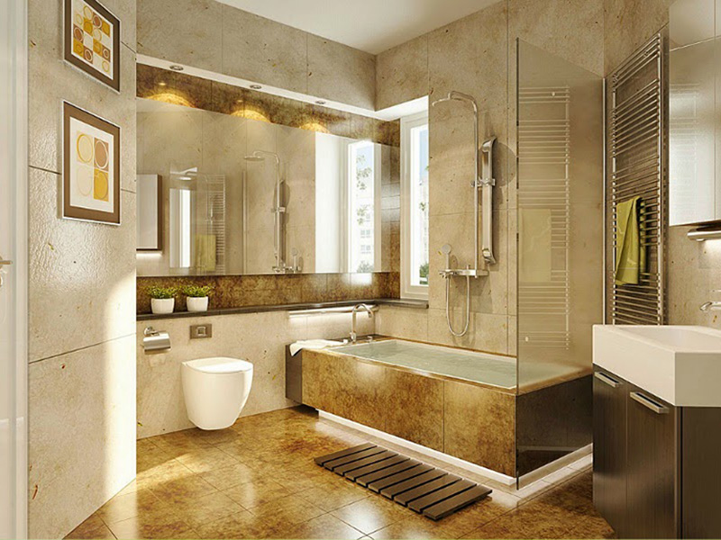 Hình ảnh phòng tắm với toàn bộ tường, sàn ốp lát gạch màu vàng, be ấm áp, bồn tắm lớn, đèn LED trang trí