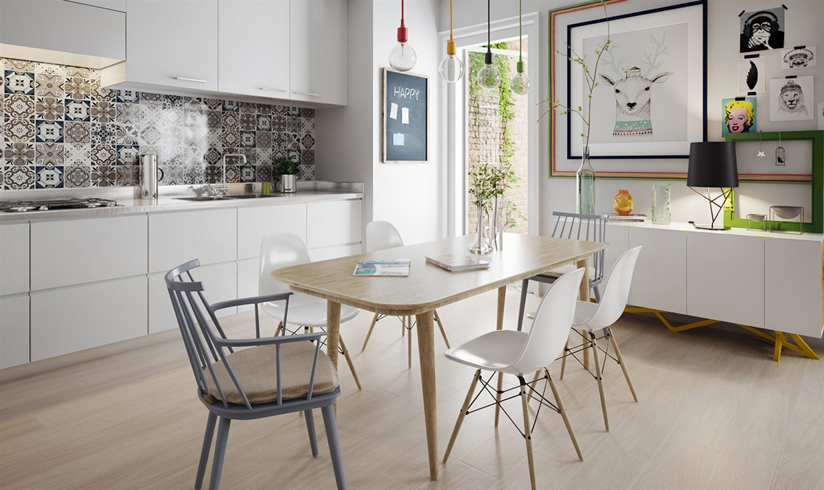 Hình ảnh toàn cảnh phòng bếp với tủ lưu trữ màu trắn, tường chắn ốp gạch bông, bàn ăn hiện đại, đối diện là tranh tường trang trí