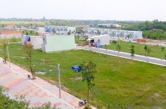 Hình ảnh một khu đất phân lô với những ngôi nhà xây tạm, cỏ mọc xanh mướt