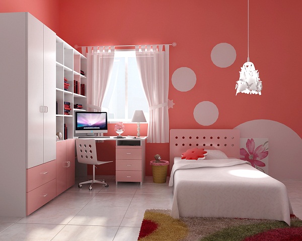 Hình ảnh phòng ngủ của con gái được trang trí với tông màu hồng cam, trắng, tủ kệ nhiều ngăn, bàn học cạnh cửa sổ