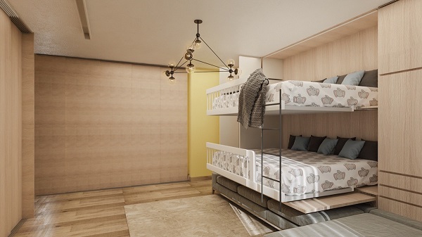 Hình ảnh phòng ngủ cho trẻ với giường tầng gọn xinh, đèn trần trang trí, tường gỗ, điểm nhấn màu vàng