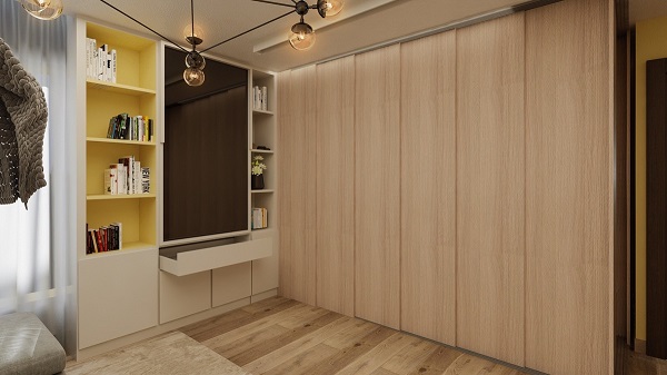 Hình ảnh một góc căn hộ nhỏ với cửa trượt gỗ phân tách phòng làm việc, phòng khách, khu ăn uống
