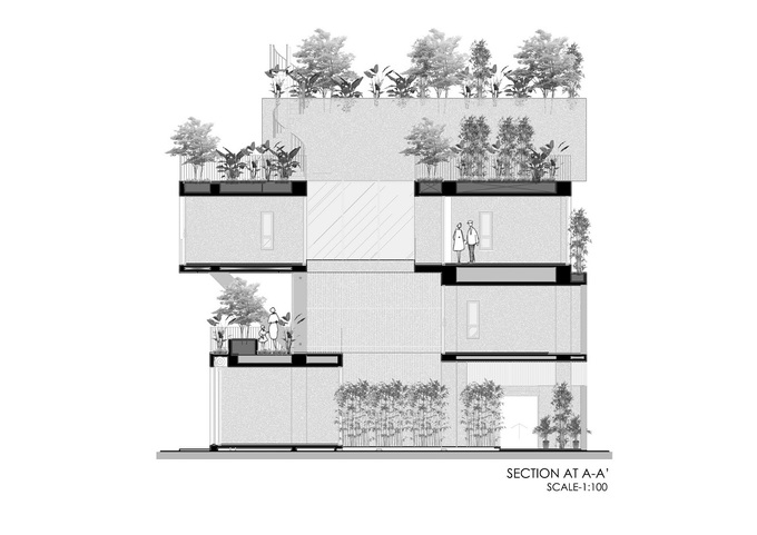Hình ảnh phối cảnh ngôi nhà 4 tầng với các khối hộp xếp chồng ngẫu nhiên