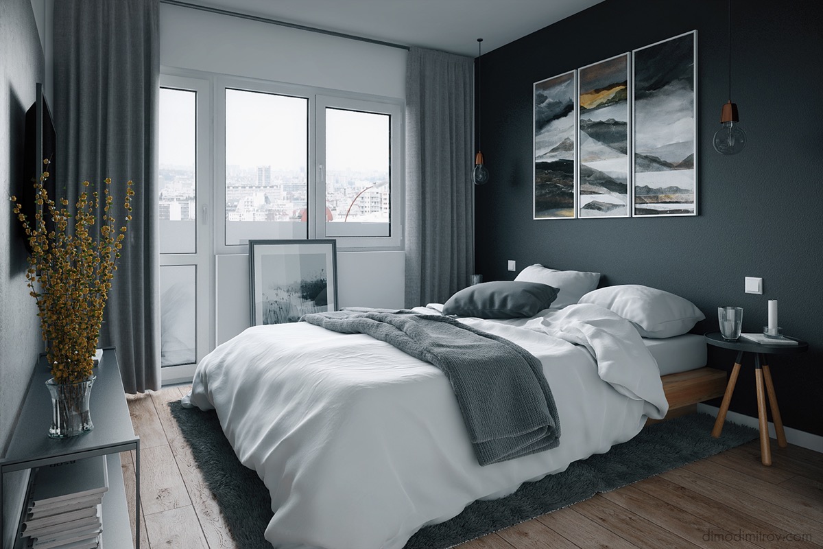 Hình ảnh phòng ngủ với giường nệm trắng, tranh nghệ thuật, đèn thả, bàn đầu giường