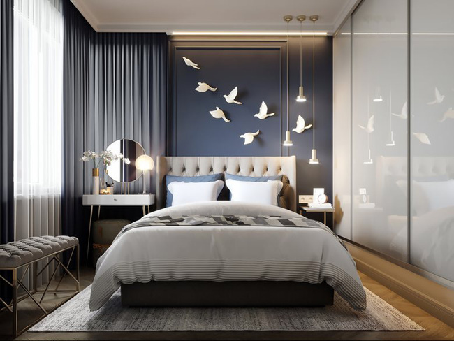 Hình ảnh phòng ngủ master ấn tượng với đàn chim trắng trang trí đầu giường