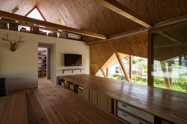 Hình ảnh không gian bên trong ngôi nhà với trần ốp gỗ, tường kính, tủ kệ trang trí