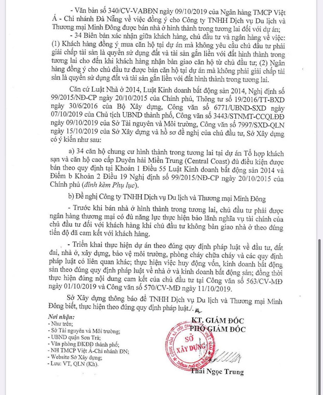 Hình ảnh văn bản thông báo của Sở Xây dựng TP. Đà Nẵng cho phép chủ đầu tư dự án Cocobay Đà Nẵng được phép bán nhà ở đợt 2.