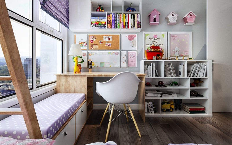 Hình ảnh ghế ngồi bên cửa sổ với phần đệm màu tím chấm bi sinh động, phía dưới tích hợp ngăn tủ lưu trữ đồ chơi, vật dụng nhỏ.