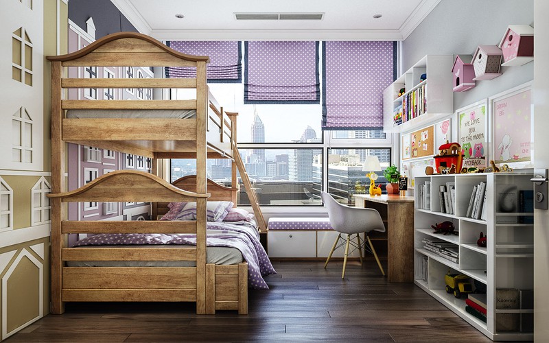 Hình ảnh phòng ngủ cho bé với giường tầng bằng gỗ tự nhiên mộc mạc, cạnh đó là giá sách, bàn học, rèm cửa sổ màu tím