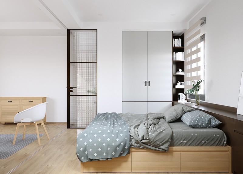 Hình ảnh phòng ngủ đơn giản với giường tủ bằng gỗ, giá sách