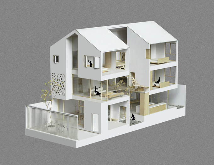 Hình ảnh mô hình ngôi nhà phố 3 tầng được thiết kế theo phong cách mở với nhiều cửa kính lớn.