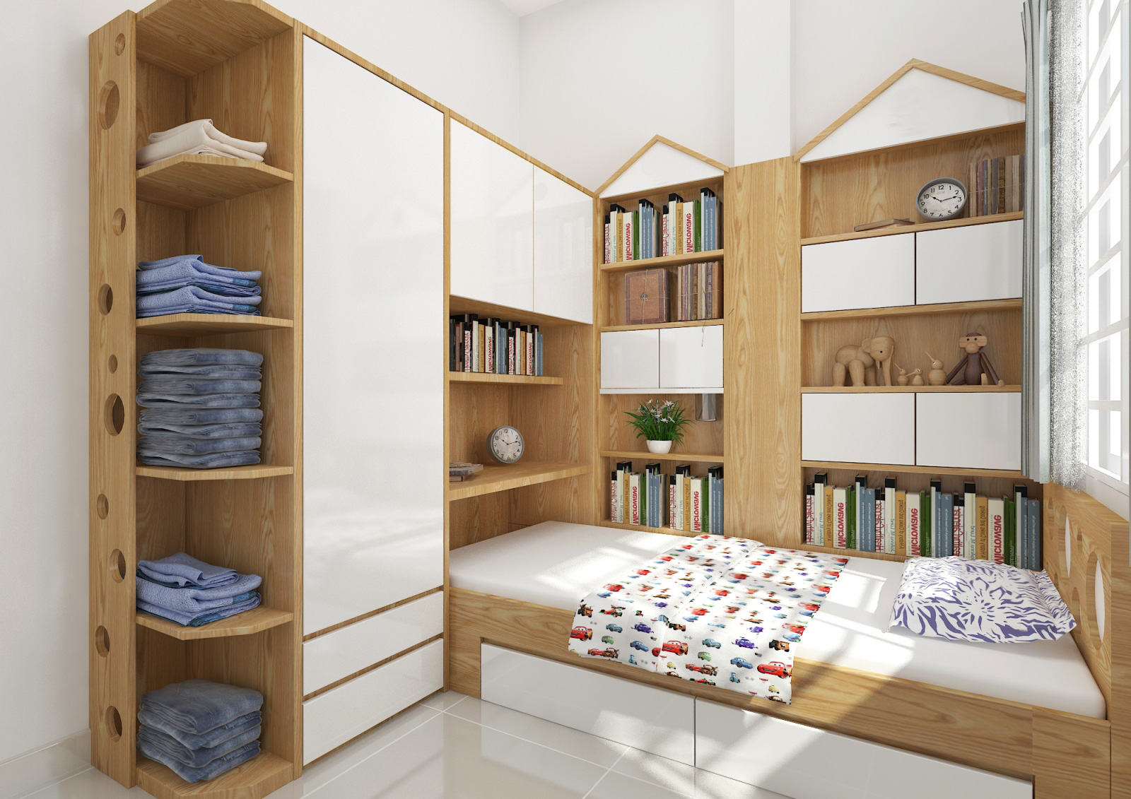 Hình ảnh giường hộp nối liền giá sách và tủ quần áo là lựa chọn lý tưởng cho phòng ngủ nhỏ hẹp.