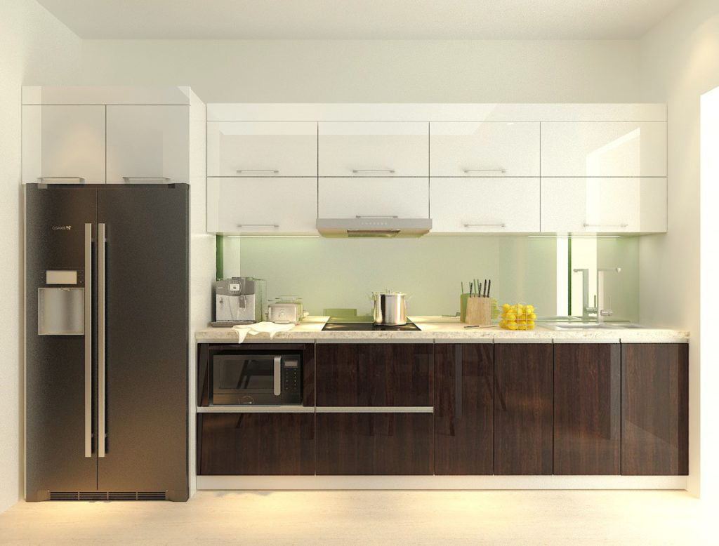 Hình ảnh hệ tủ bếp chữ I đơn giản, kết hợp ăn ý giữa tông màu trắng và gỗ tự nhiên ấm áp.
