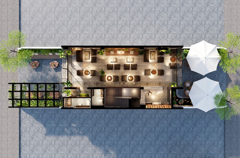 Hình ảnh toàn cảnh không gian quán cà phê nhìn từ trên cao với hai khu trong nhà, ngoài trời tách biệt.