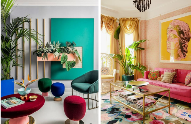 Hình ảnh cận cảnh hai góc phòng khách rực rỡ sắc màu từ sofa, đôn ngồi, cây xanh