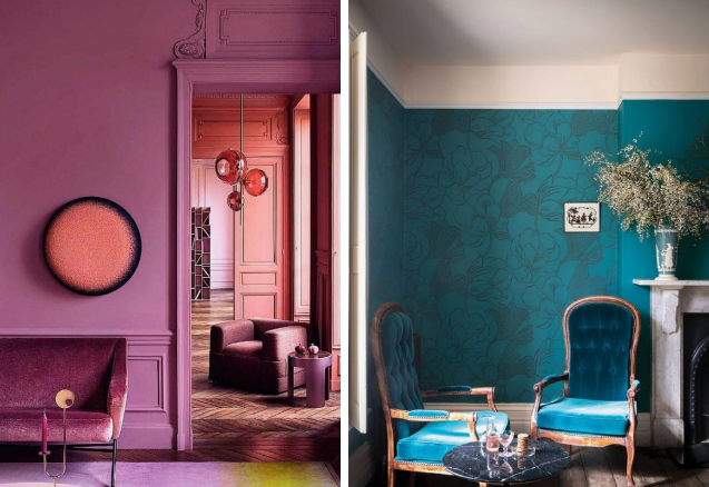 Hình ảnh cận cảnh một góc phòng khách được trang trí với tông màu tím và màu xanh ngọc đậm