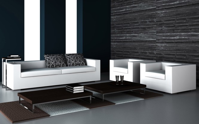 Hình ảnh một phòng khách hiện đại với sofa màu trắng, hai bàn trà màu đen, gối tựa hoa văn, tường sơn đen và xanh - trắng kết hợp