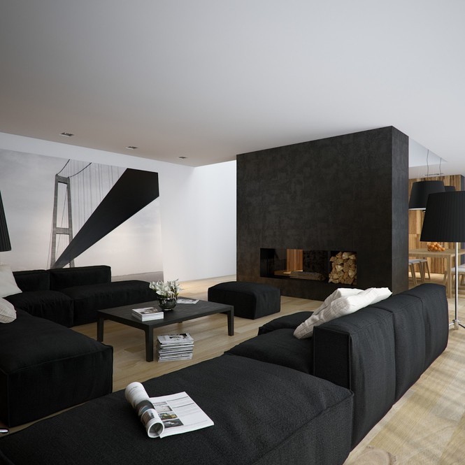 Hình ảnh cận cảnh phòng khách rộng rãi, sử dụng sofa lớn màu đen, lò sưởi ấm áp, bàn trà hình chữ nhật
