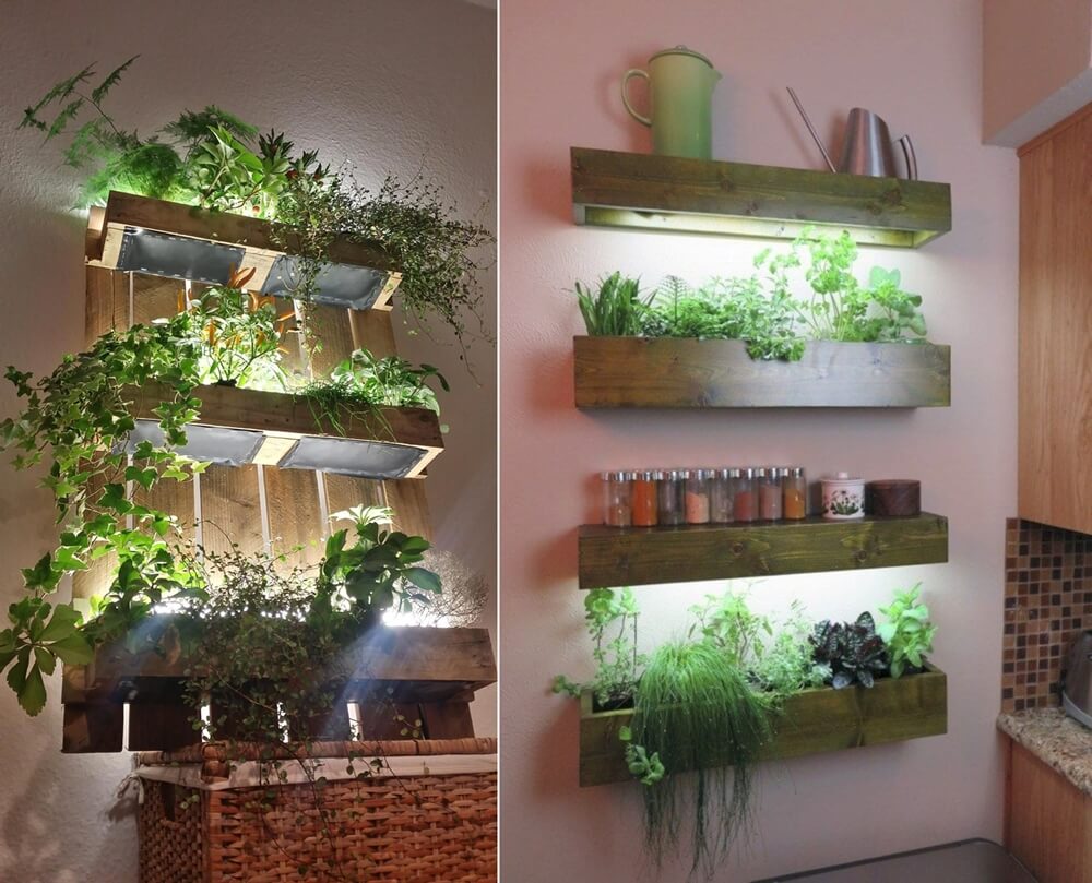 Hình ảnh cận cảnh khu vườn mini trong phòng bếp với các loại cây thảo mộc trồng trong hộp gỗ tái chế, kết hợp cùng đèn LED chiếu sáng