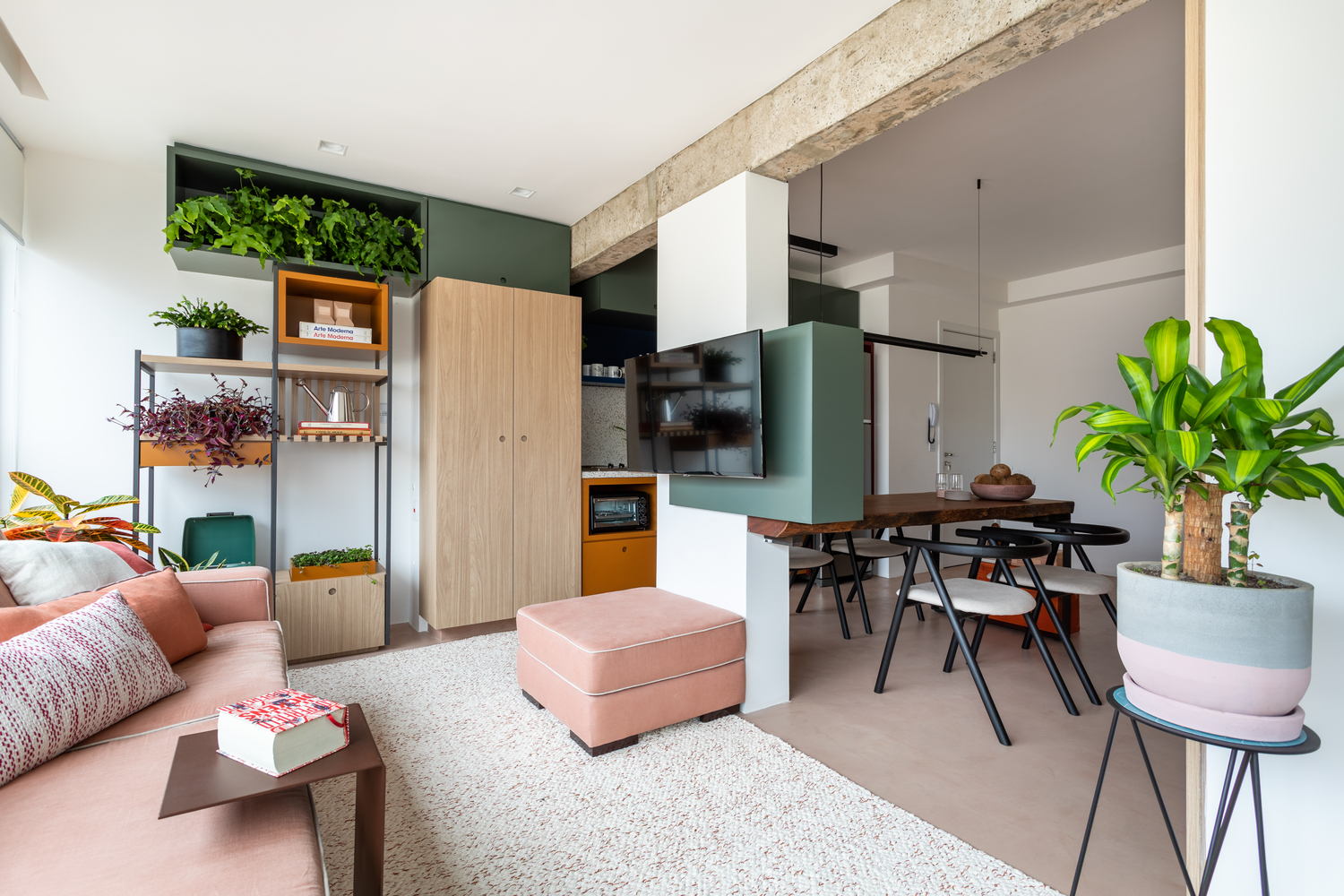 Hình ảnh bên trong một căn hộ 45m2 với sofa màu hồng phấn, kệ lưu trữ, bài trí cây xanh, cạnh đó là bộ bàn ghế ăn nhỏ gọn