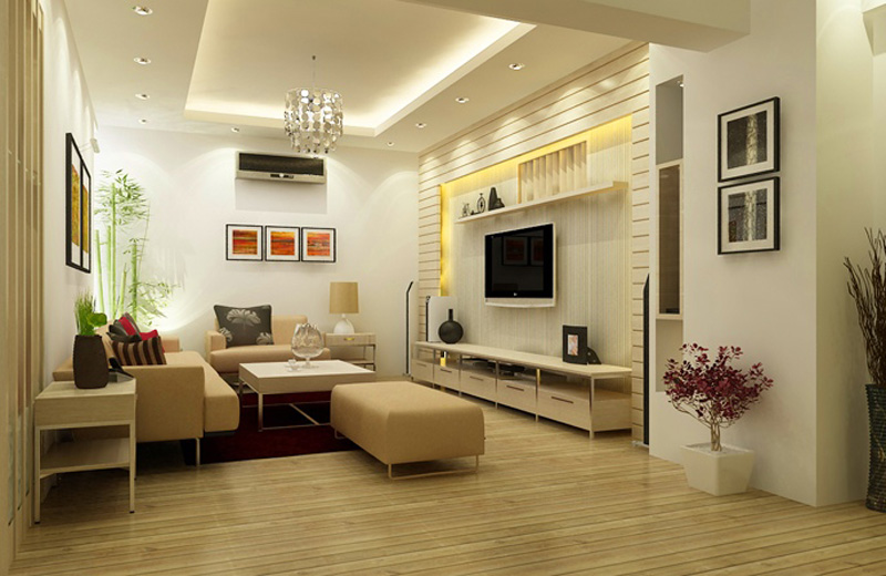 Hình ảnh không gian phòng khách nhà cấp 4 hiện đại được bài trí với tông màu be ấm áp