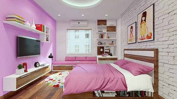 Hình ảnh phòng ngủ cho con gái với tông sàn lát gỗ, tường đầu giường ốp gạch trắng, bức tường phía sau kệ tivi sơn màu hồng, chăn gối màu hồng, đối diện là ghế ngồi bên cửa sổ kính trong suốt