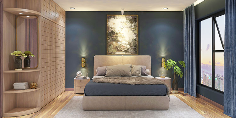 Hình ảnh phòng ngủ master với tường xanh than sang trọng, tranh treo đầu giường, kệ góc bày đồ trang trí